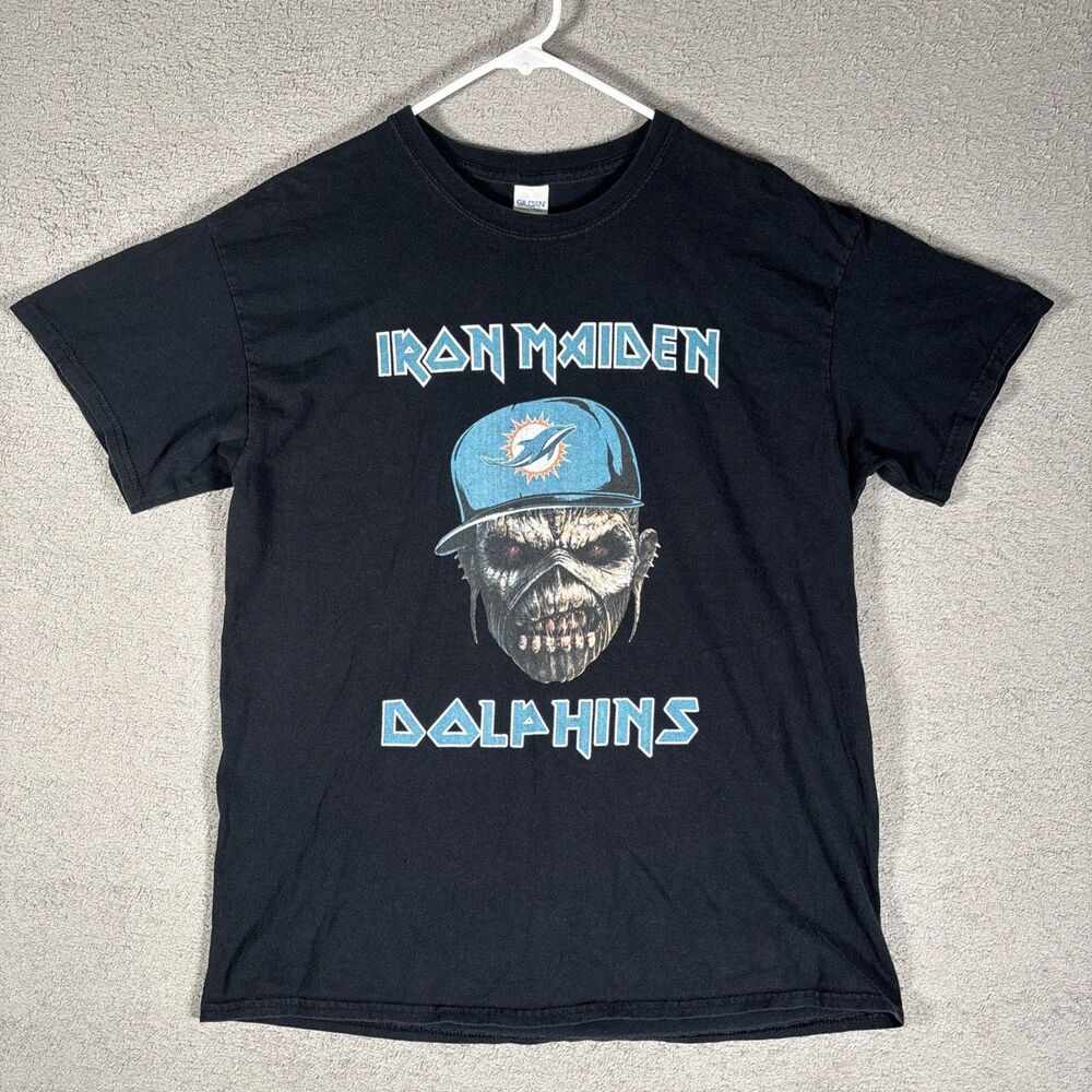 Iron Maiden x Miami Dolphins Graphic T Shirt Gildan Size L Metal Band Shirt